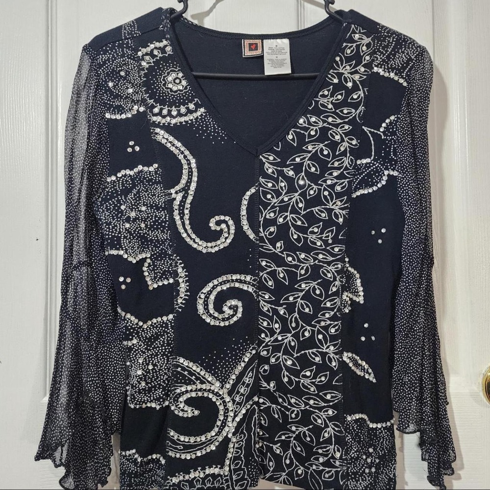 Y2K Black Embellished Floral Bell Sleeve Fairy Top